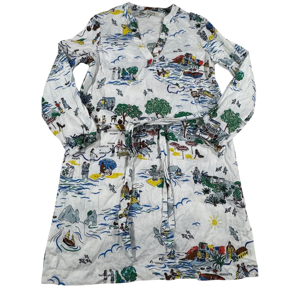 Boden Cleo Linen Tie-Waist Dress Amalfi Coast Postcard Print Women's 6 Boho